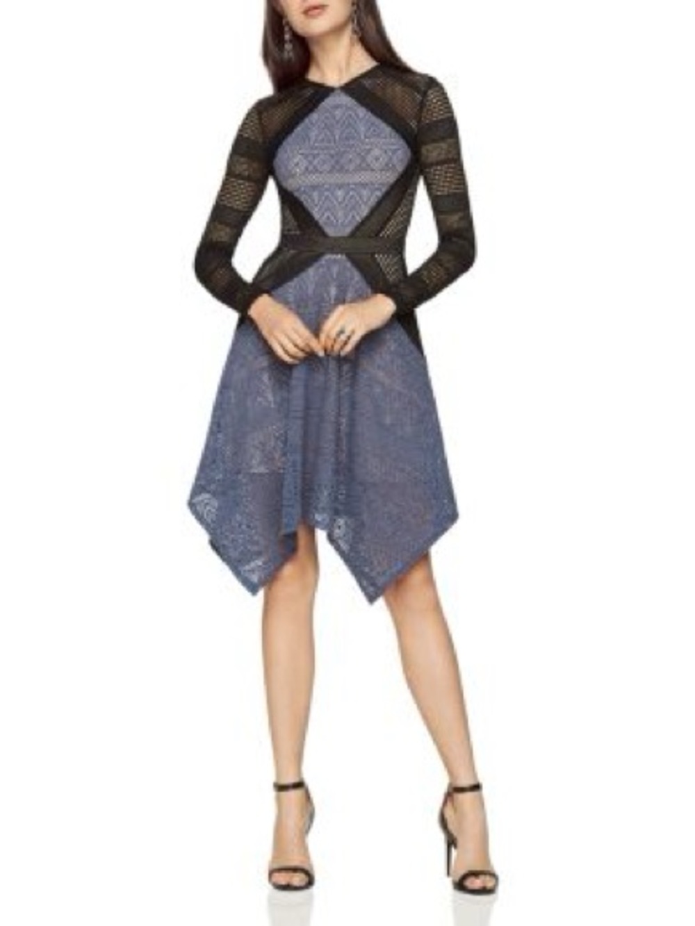 BCBGMaxAzria Blue Lace Handkerchief Hem Dress with Black Mesh